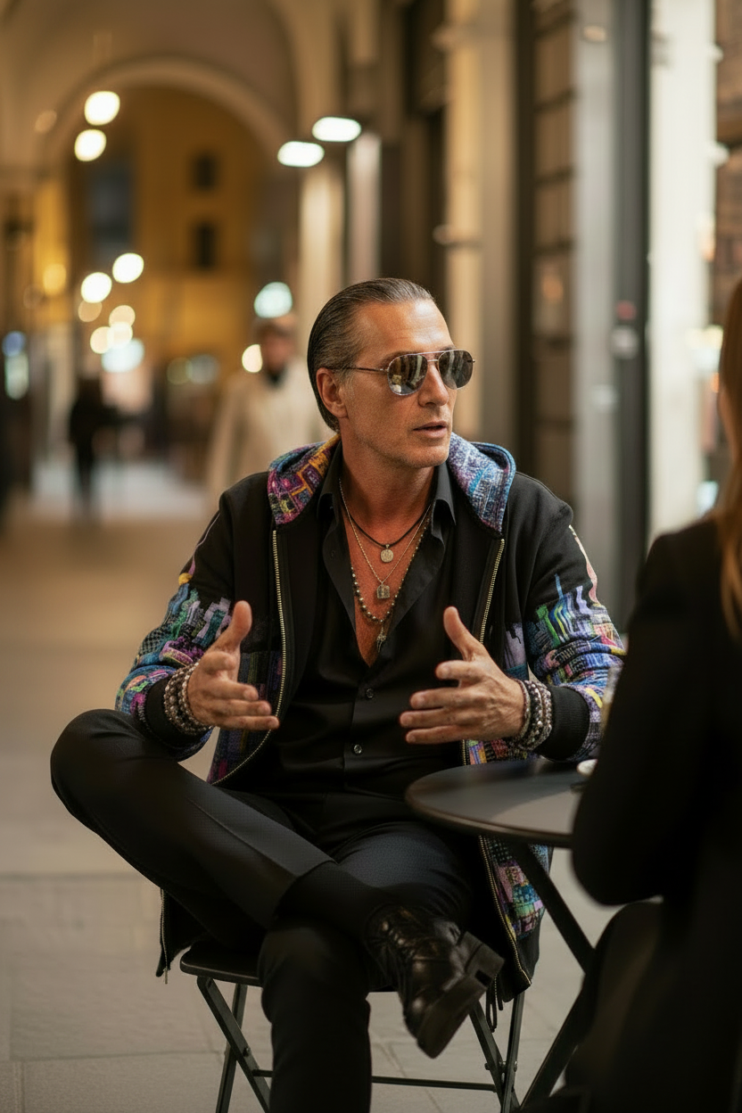 Man in sunglasses and colorful Loria NYC Art jacket sitting at a table on a city street, engaged in conversation with a woman.