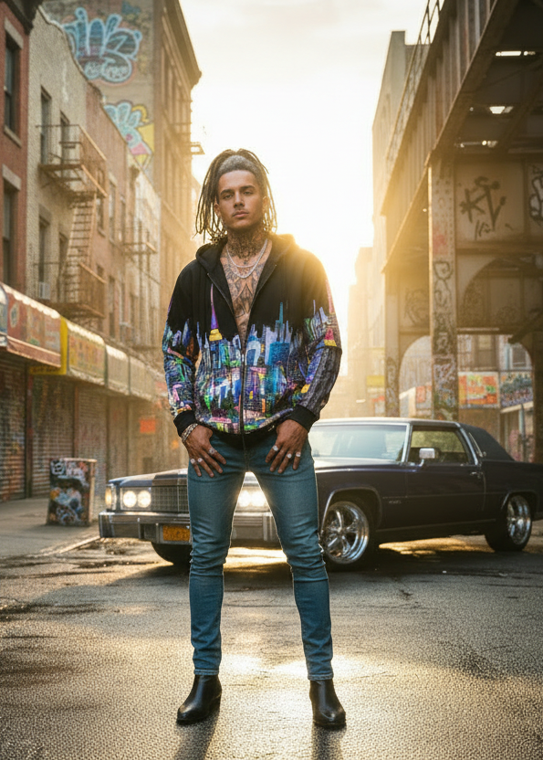 Person wearing a vibrant Loria NYC Art hoodie standing in an urban street with graffiti and a classic car, sun setting.