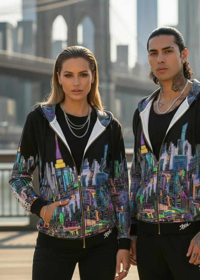 Two people wearing colorful hoodies with a cityscape Loria NYC Art design, standing in front of a bridge and skyline.