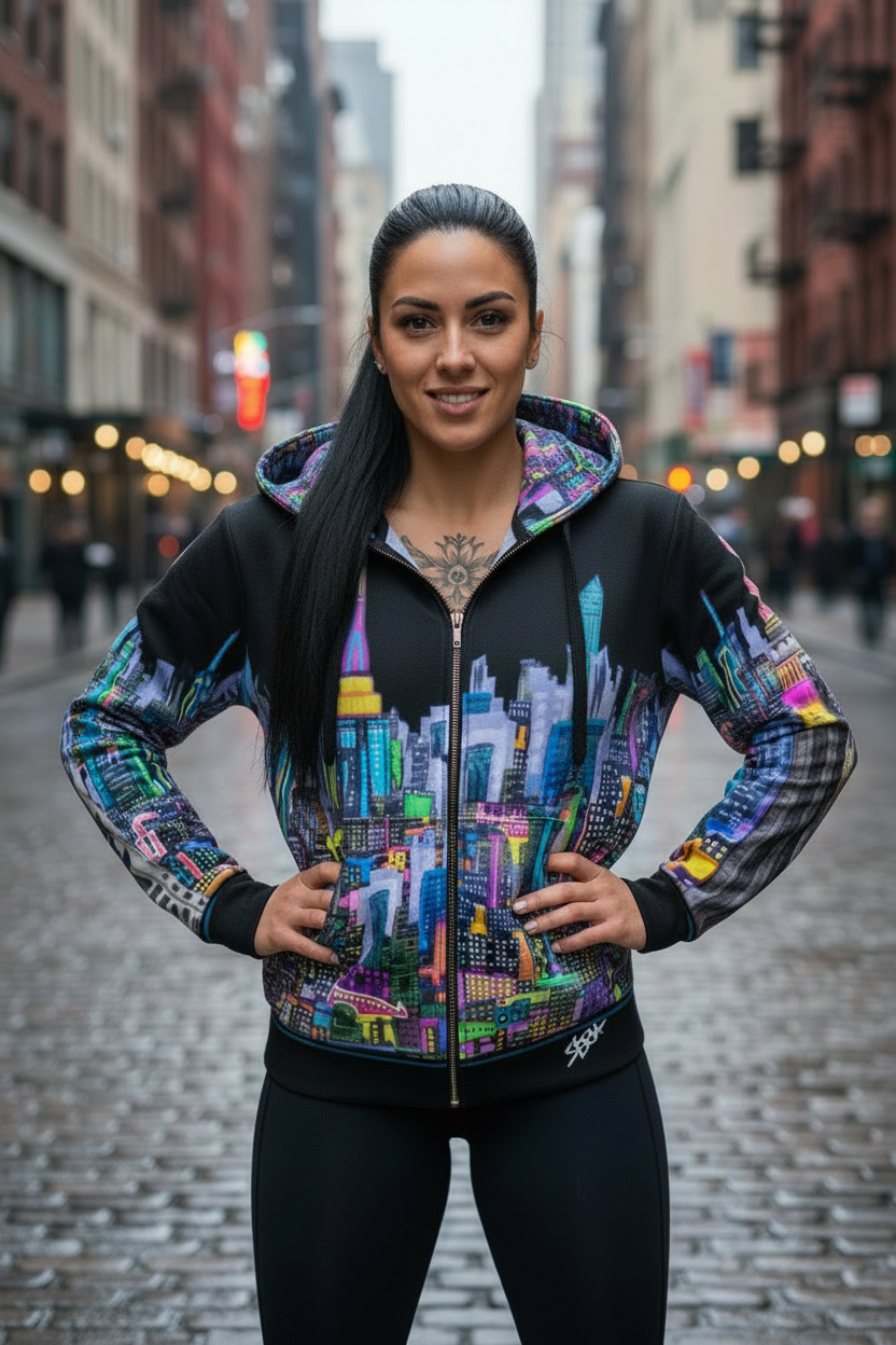 Person wearing a colorful Loria NYC Art hoodie with a cityscape design on a city street.