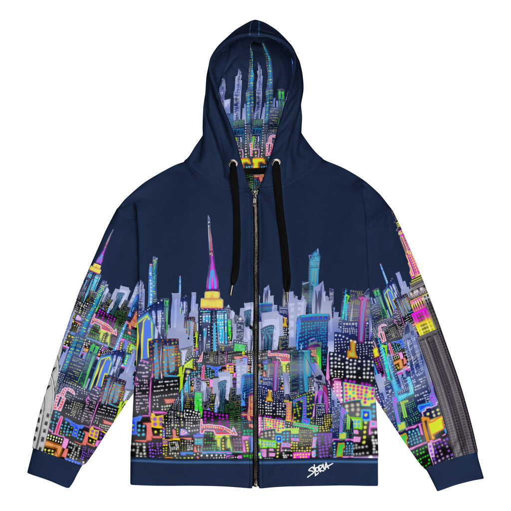 Hoodie with colorful cityscape design by Loria NYC Art on a white background