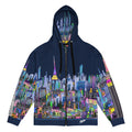 Hoodie with colorful cityscape design by Loria NYC Art on a white background