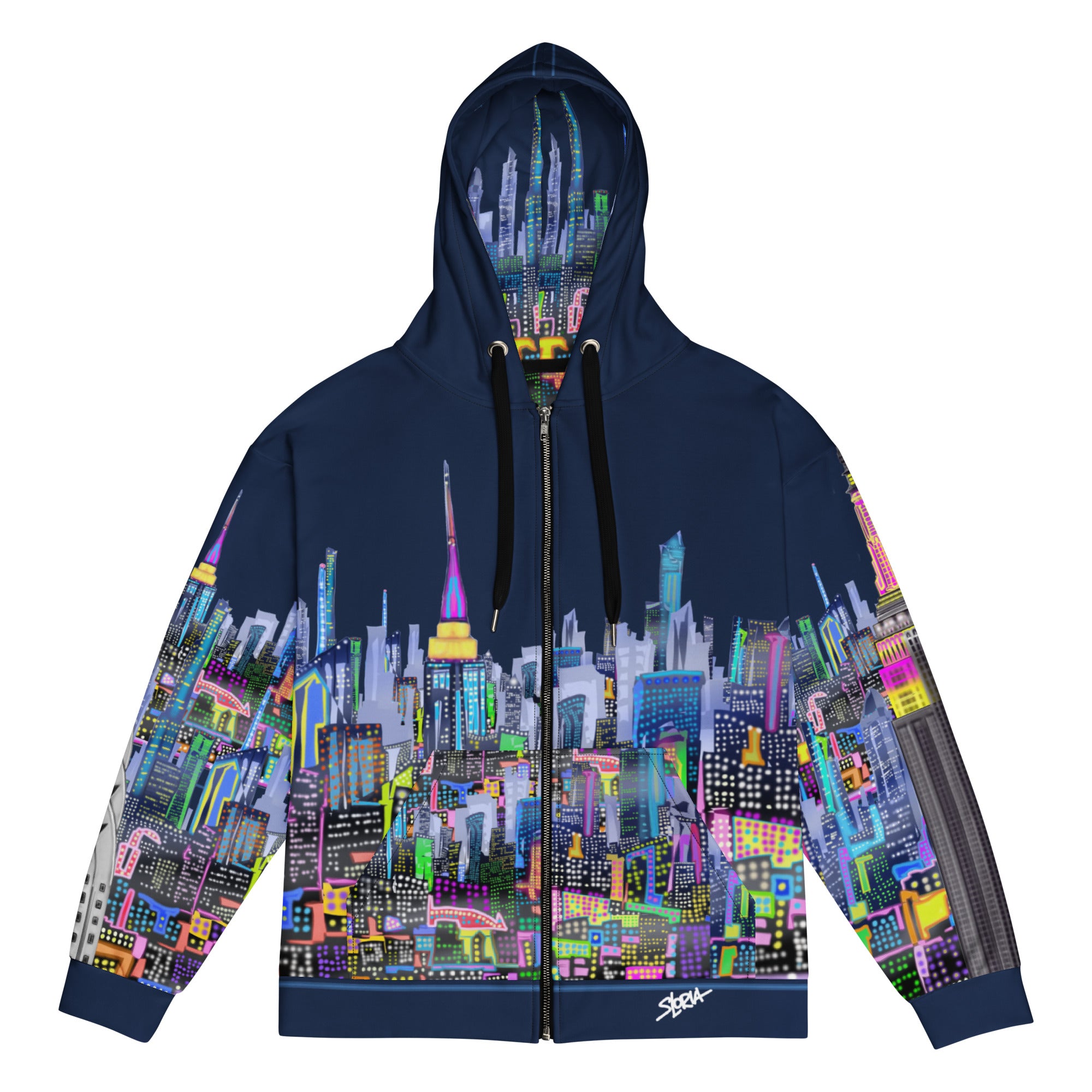 Hoodie with colorful cityscape design by Loria NYC Art on a white background