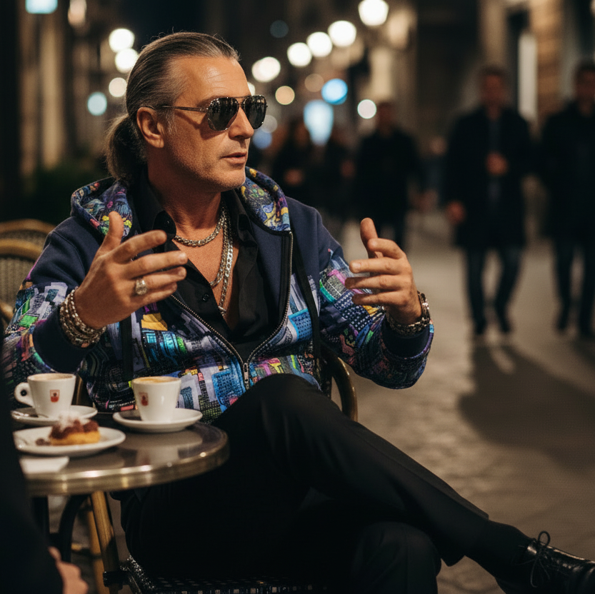 Man in sunglasses and colorful Loria NYC Art jacket sitting at a table with a woman, engaged in conversation, on a city street at night. 