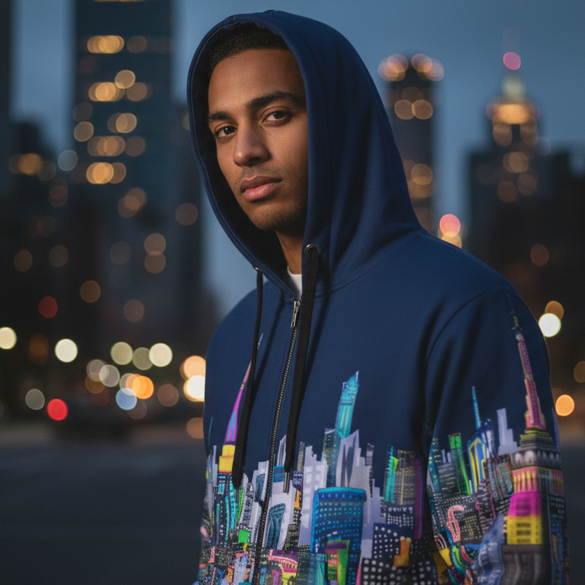 Person wearing a blue Loria NYC Art hoodie with cityscape design against a blurred city street background