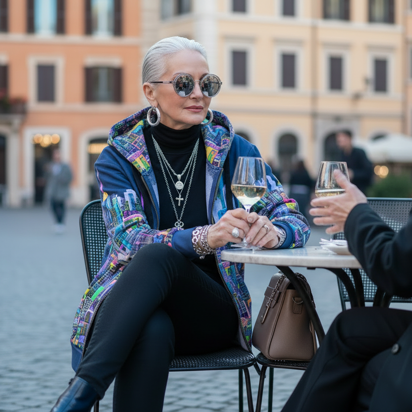 Two people sitting at a table in an outdoor setting, one wearing a Loria NYC Art jacket and holding a glass of wine.