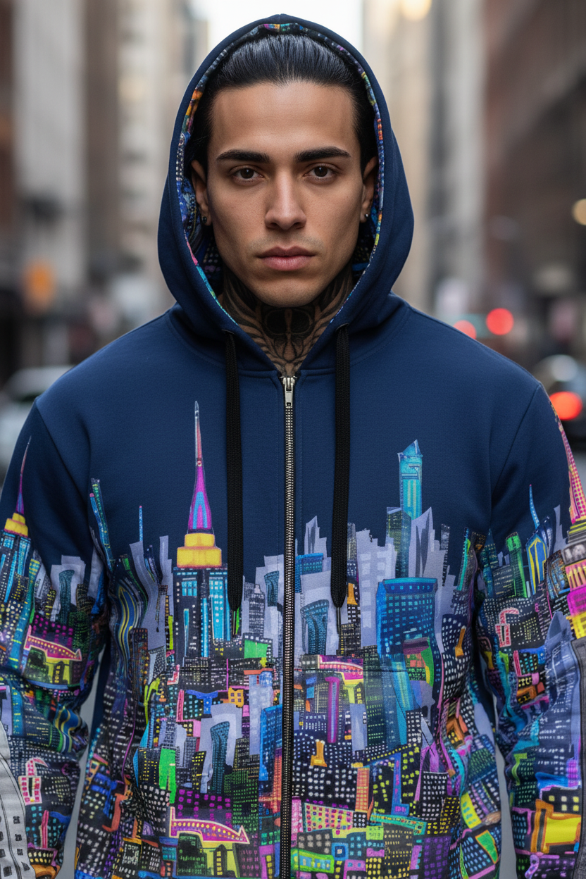 Person wearing a blue hoodie with a colorful cityscape Loria NYC Art design on a blurred city street background