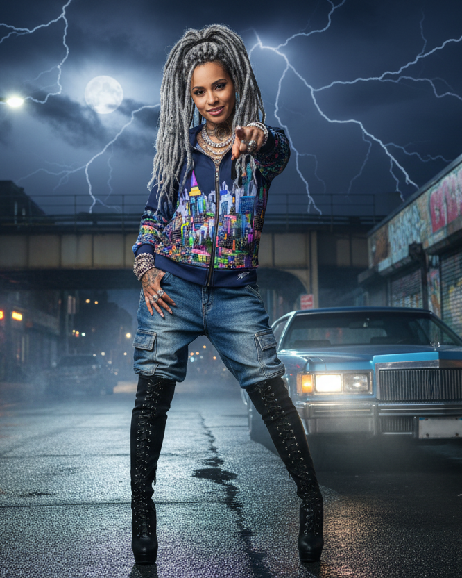Person in a colorful Loria NYC Art hoodie and jeans standing on a street with a car and lightning in the background