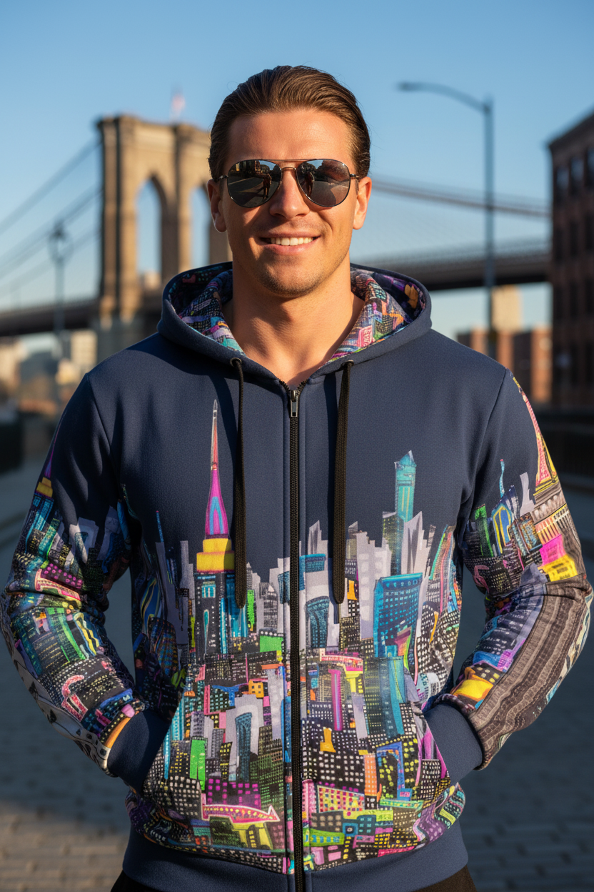 Man wearing a colorful hoodie with cityscape Loria NYC Art design in front of the Brooklyn Bridge.