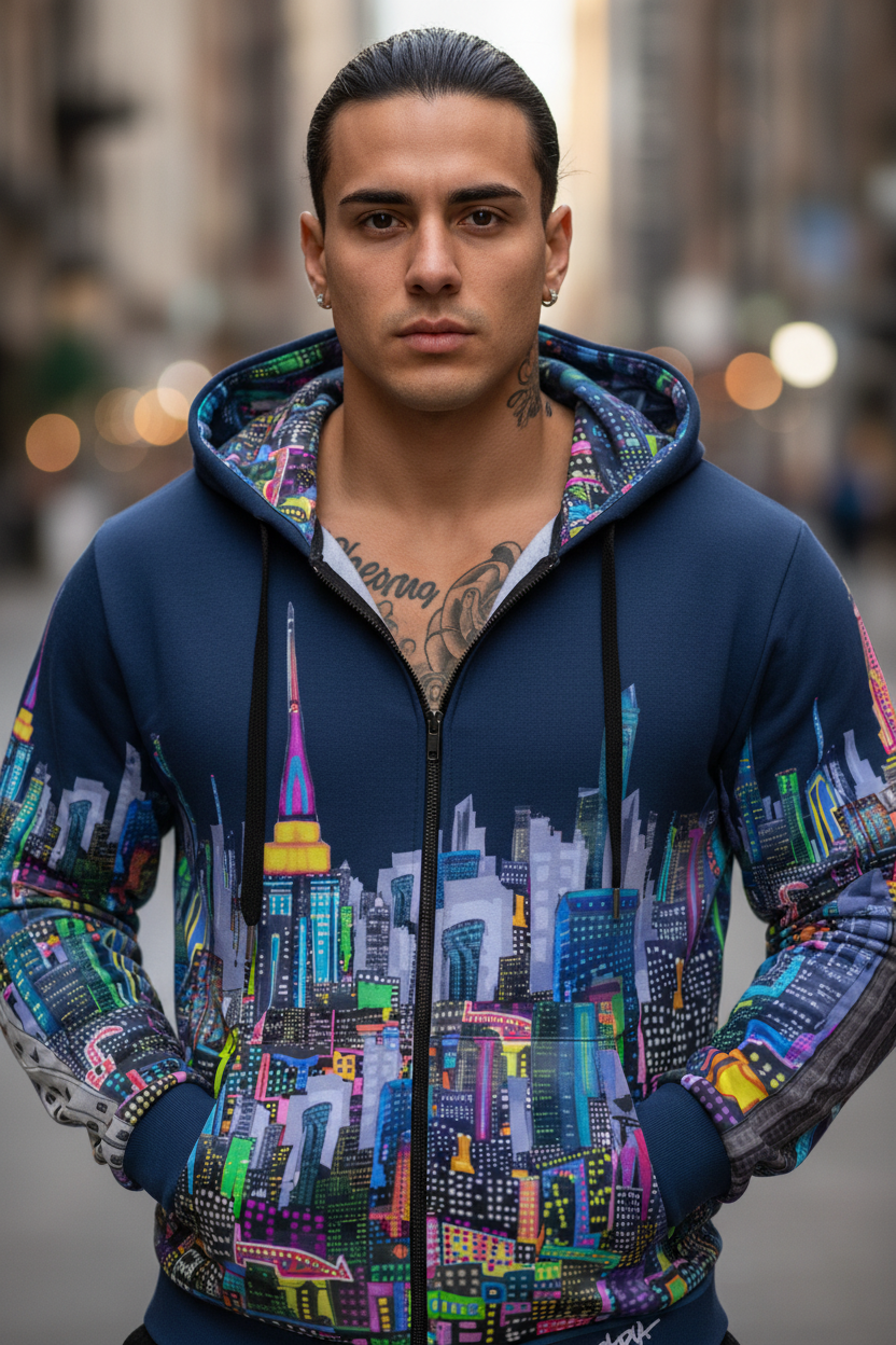 Man wearing a colorful cityscape Loria NYC Art hoodie on a blurred street background