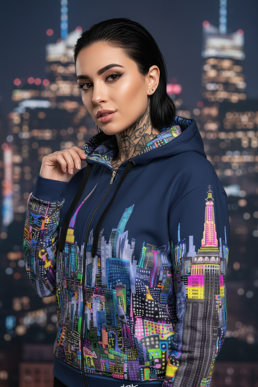 Woman wearing a Loria NYC Art colorful hoodie with cityscape design against a night cityscape background