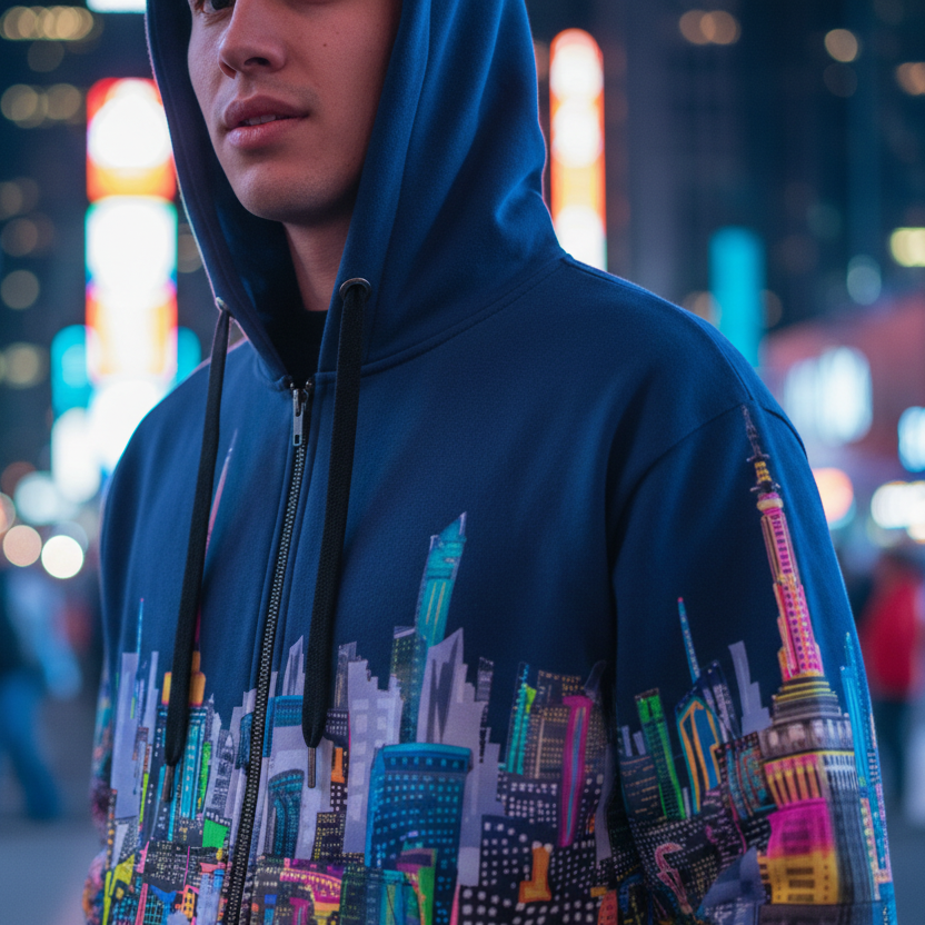 Person wearing a blue Loria NYC Art hoodie with cityscape design in a neon-lit urban setting