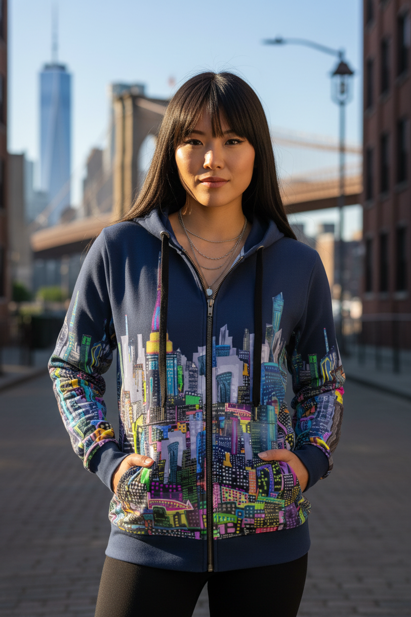 Person wearing a colorful cityscape Loria NYC Art hoodie with a bridge and skyline in the background