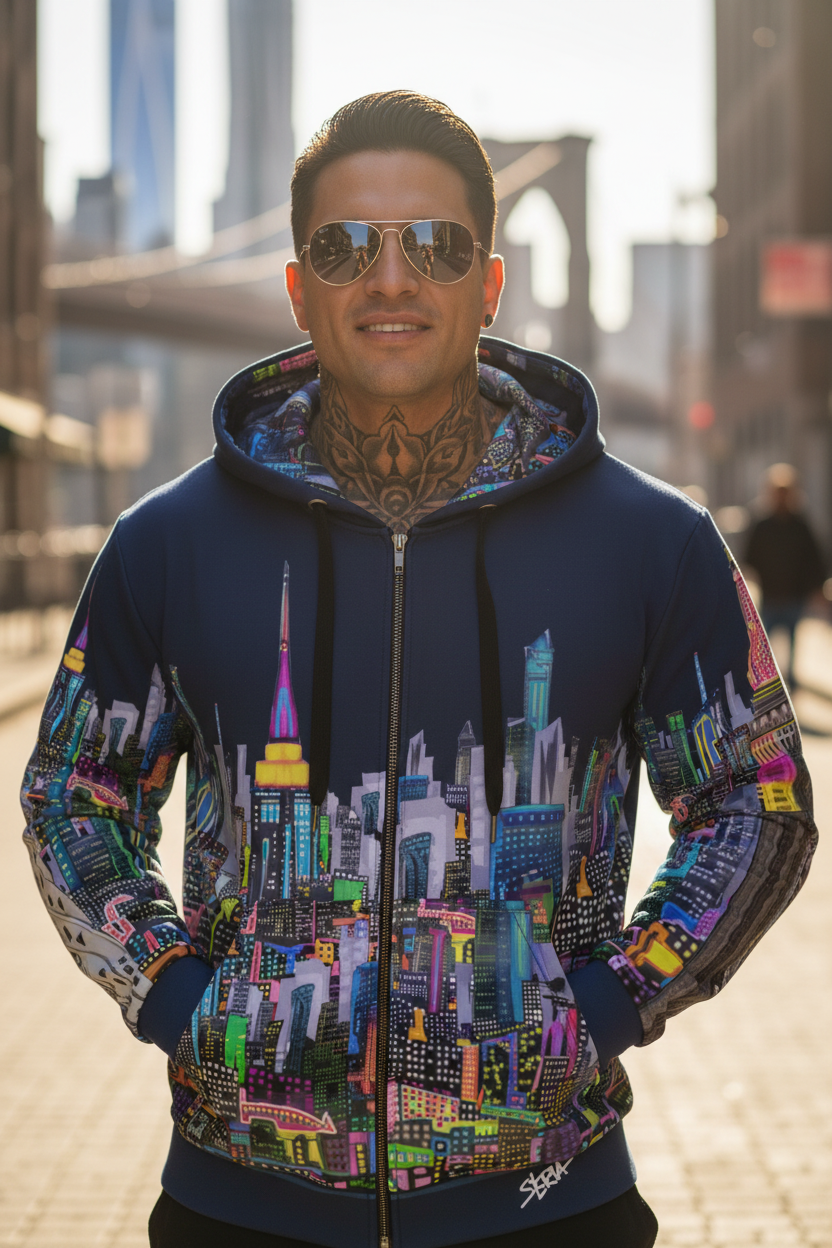 Man wearing a colorful cityscape Loria NYC Art hoodie with a bridge in the background