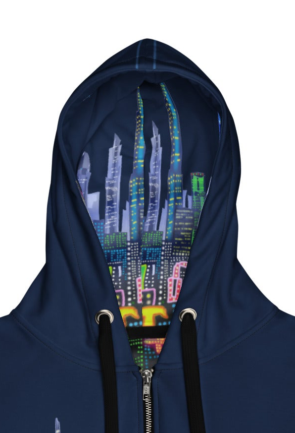 Navy blue hoodie with a colorful cityscape Loria NYC Art design on the front pocket against a white background