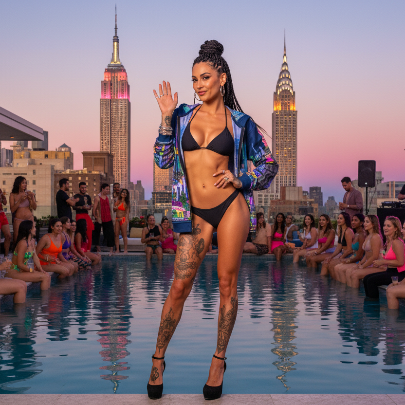 Woman in a bikini and Loria NYC Art jacket standing by a pool with city skyline in the background