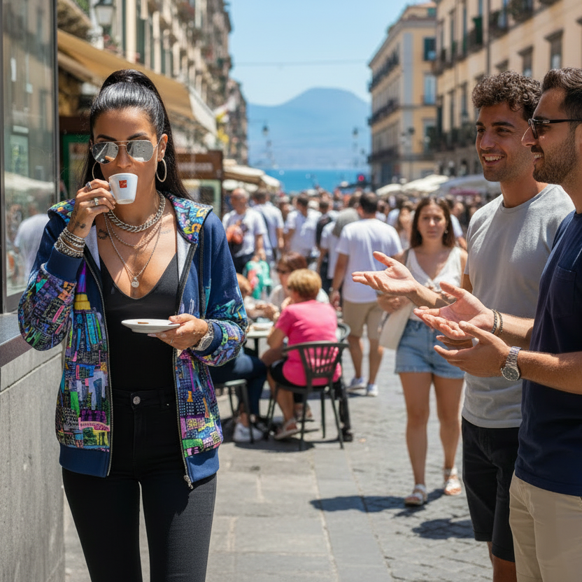 Girl wearing vibrant colored Loria NYC Art hoodie and enjoys coffee on a sunny street with mountains in the background