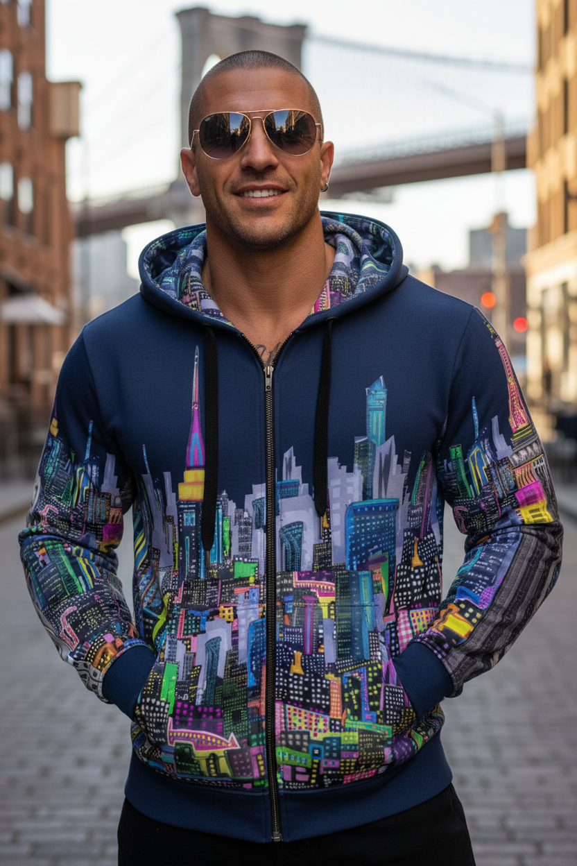 Man wearing a colorful Loria NYC Art cityscape hoodie with a blurred urban background