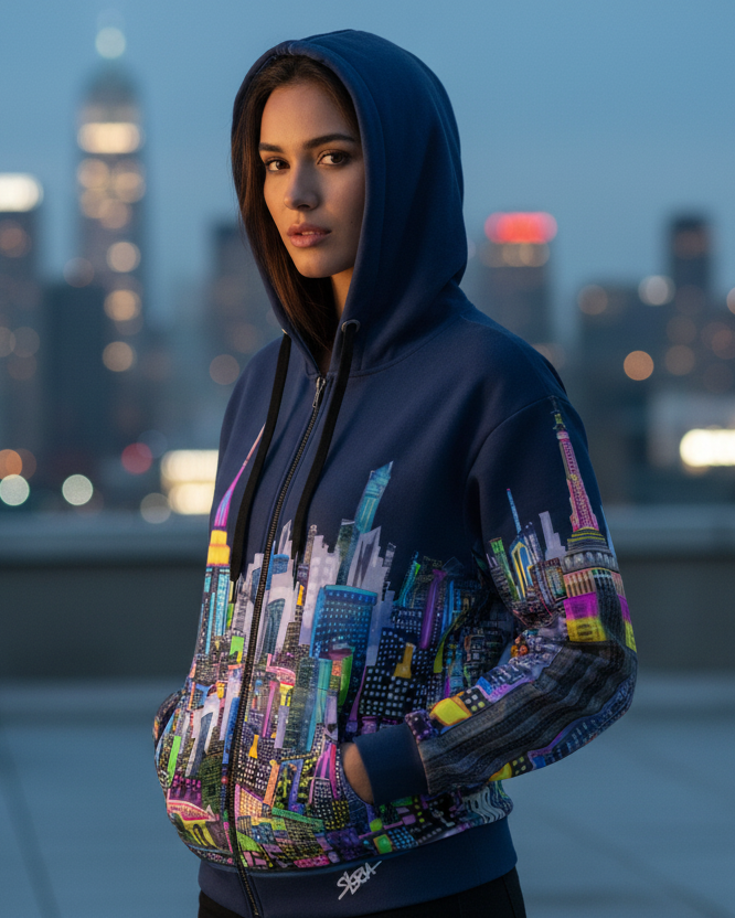 Person wearing a colorful Loria NYC Art hoodie with a cityscape design, standing on a rooftop with a city skyline in the background.