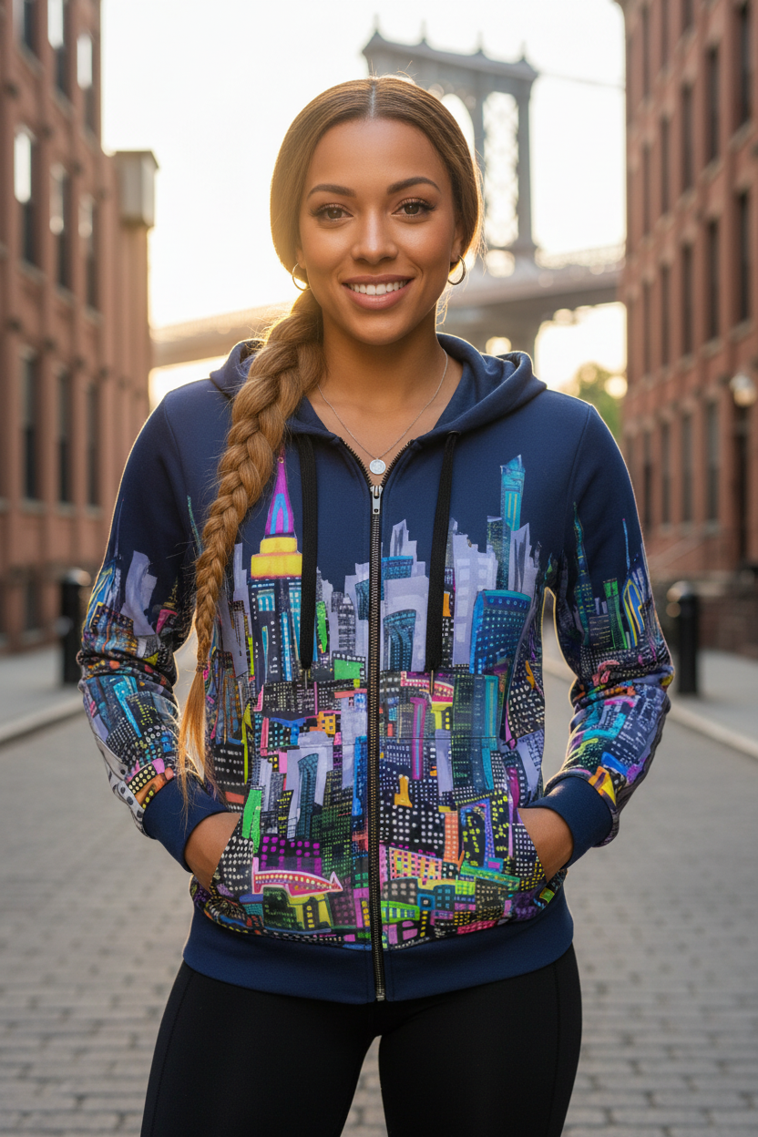 Woman wearing a colorful Loria NYC Art cityscape hoodie with a bridge and buildings in the background