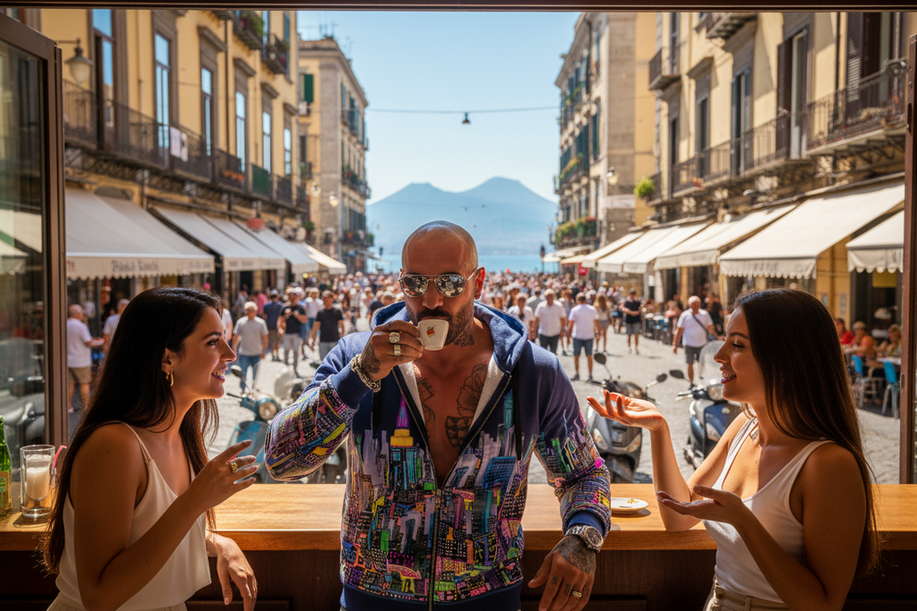 People enjoying drinks at an outdoor cafe with one wearing a blue Loria NYC Art cityscape hoodie 