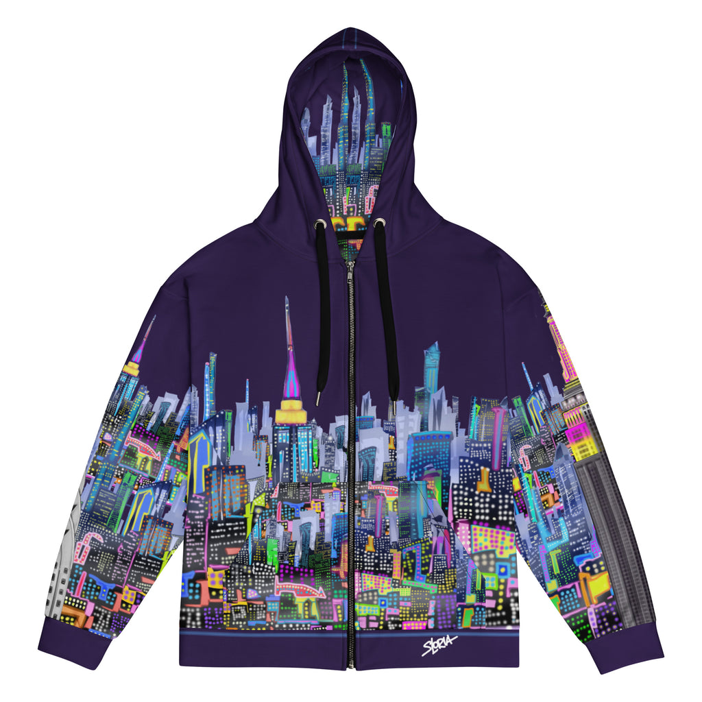 Hoodie with a colorful Loria NYC Art cityscape design on a white background