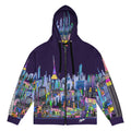Hoodie with a colorful Loria NYC Art cityscape design on a white background