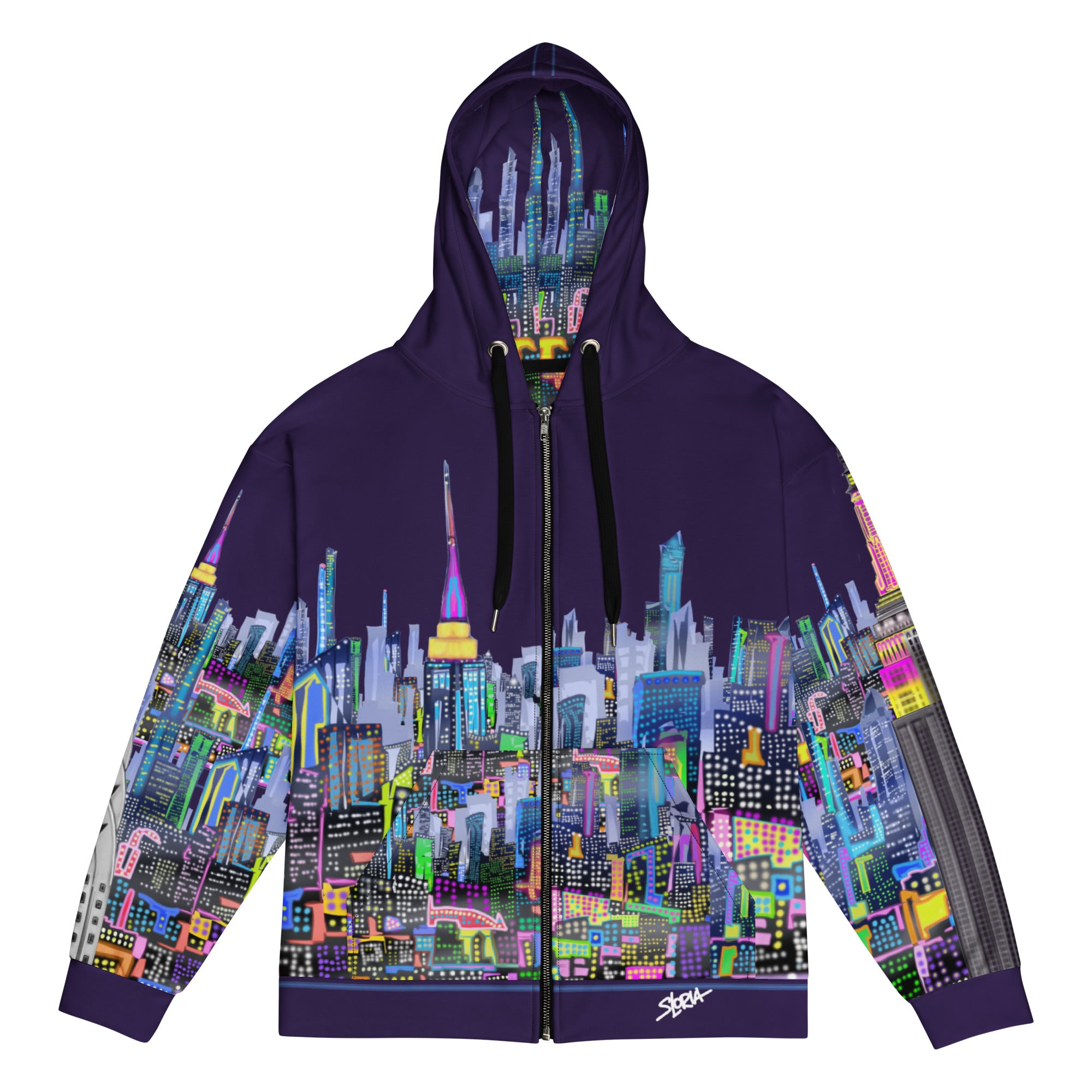 Hoodie with a colorful Loria NYC Art cityscape design on a white background