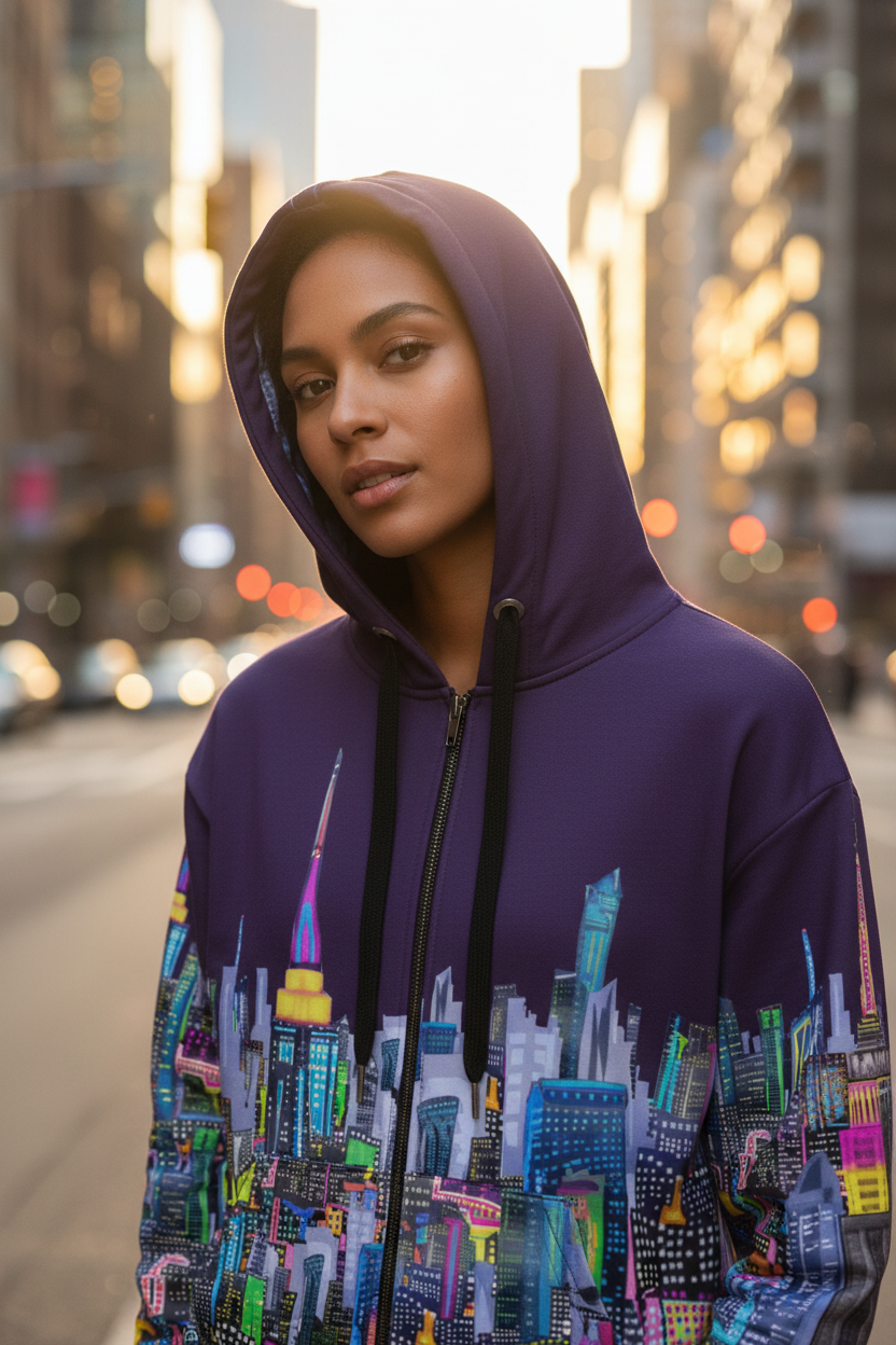 Person wearing a purple Loria NYC Art hoodie with a cityscape design on a street background