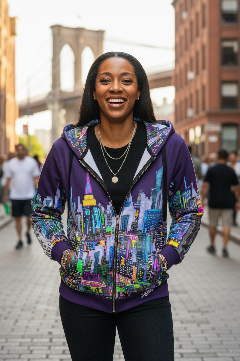 Woman wearing a colorful cityscape Loria NYC Art hoodie with a bridge and buildings in the background