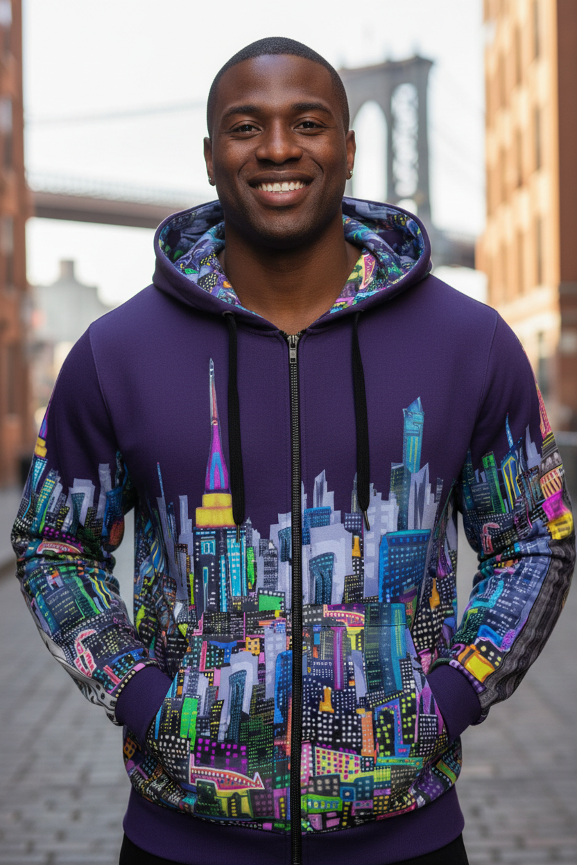 Man wearing a colorful Loria NYC Art cityscape hoodie with a blurred urban background