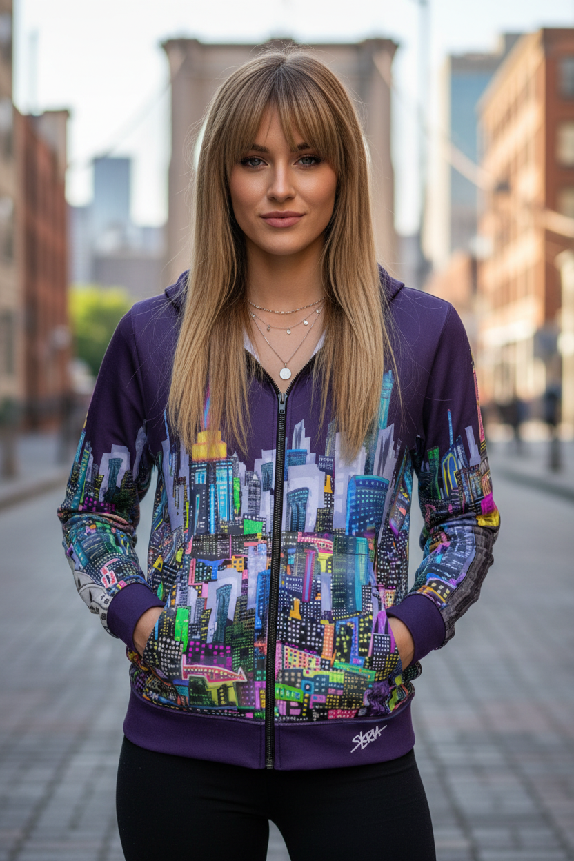 Woman wearing a colorful hoodie with a cityscape Loria NYC Art design on a street background