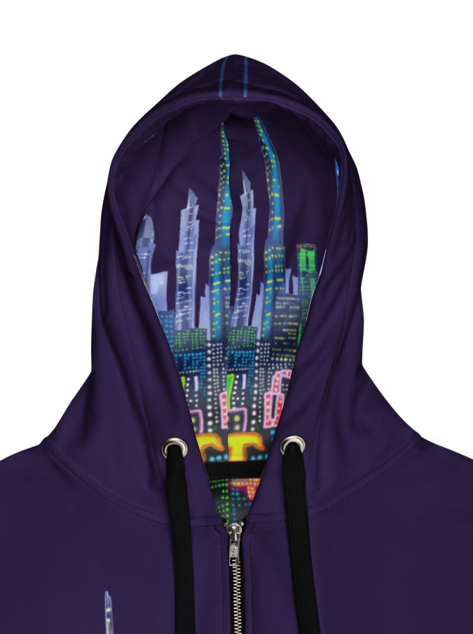Purple hoodie with a colorful Loria NYC Art cityscape design on the hood