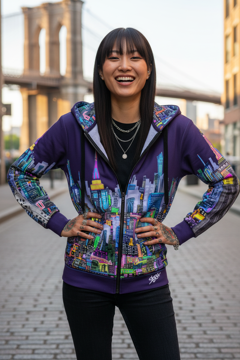 Person wearing a colorful Loria NYC Art hoodie with a cityscape design, standing in front of a bridge.