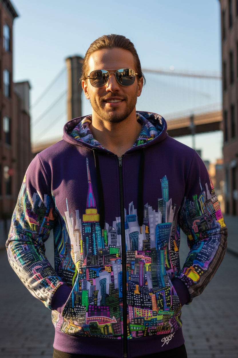 Man wearing a colorful hoodie with cityscape Loria NYC Art design outdoors.