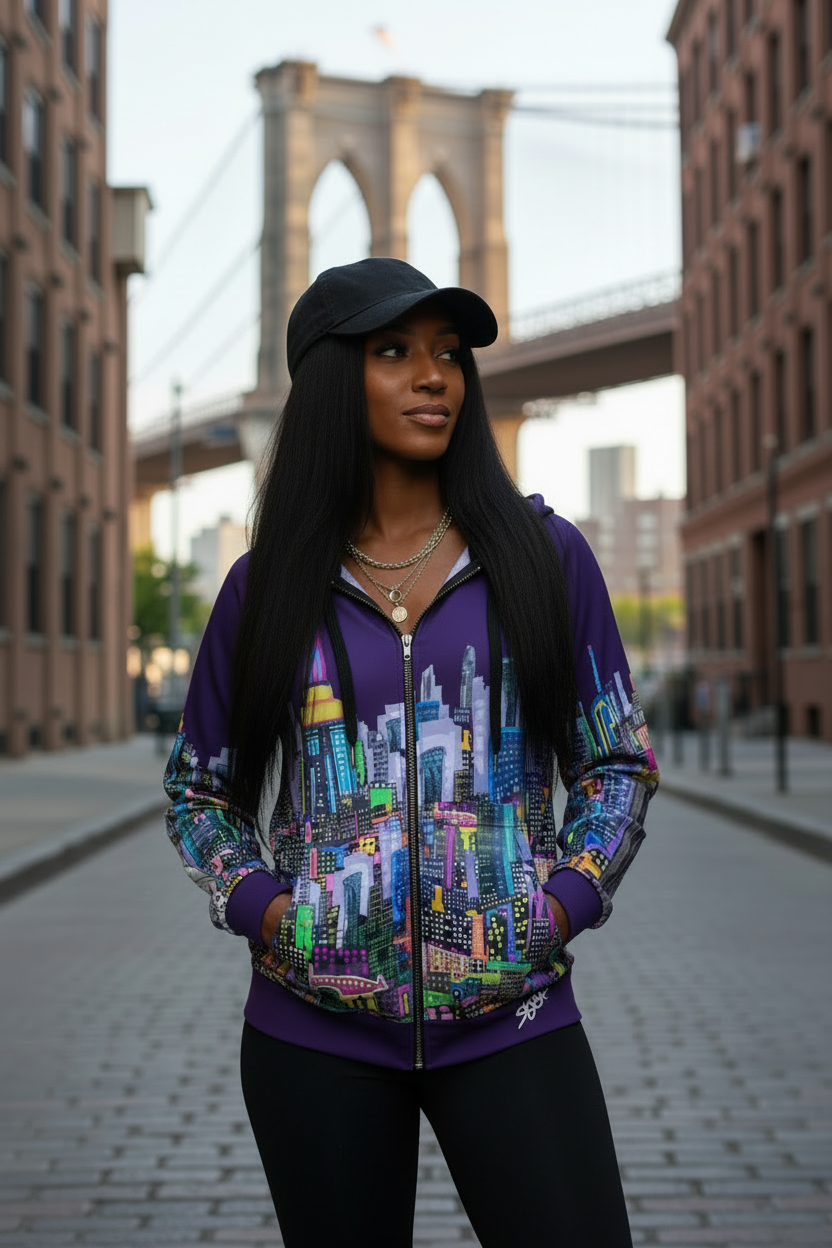 Woman wearing a colorful jacket with a cityscape Loria NYC Art design in an urban setting with the Brooklyn Bridge in the background.