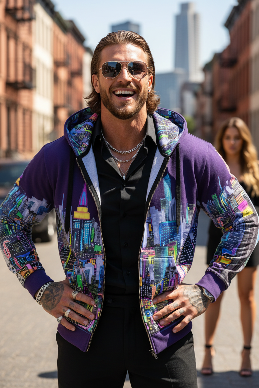 Man wearing a colorful Loria NYC Art hoodie with cityscape design in an urban setting