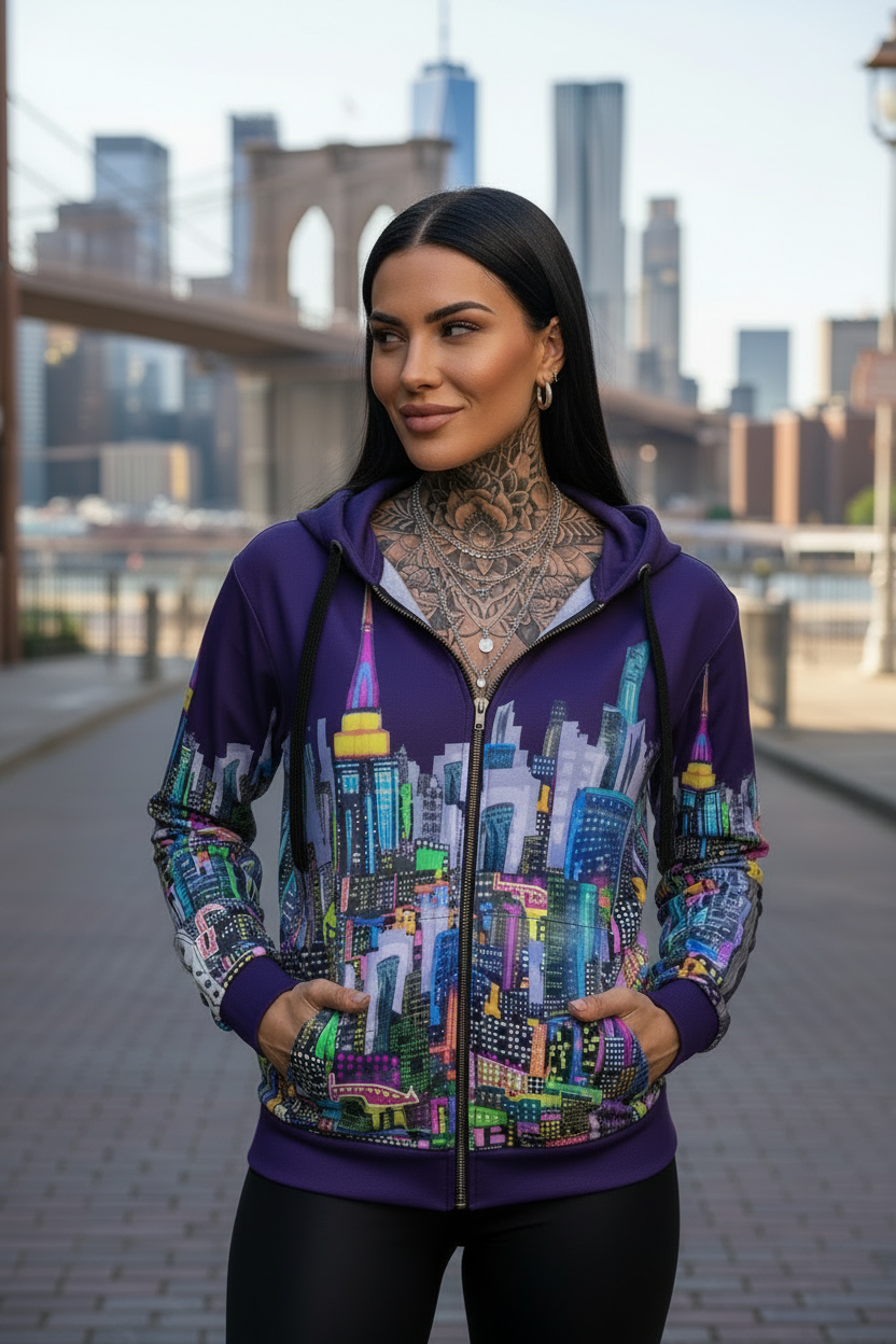 Woman wearing a colorful Loria NYC Art cityscape hoodie with a bridge and skyline in the background