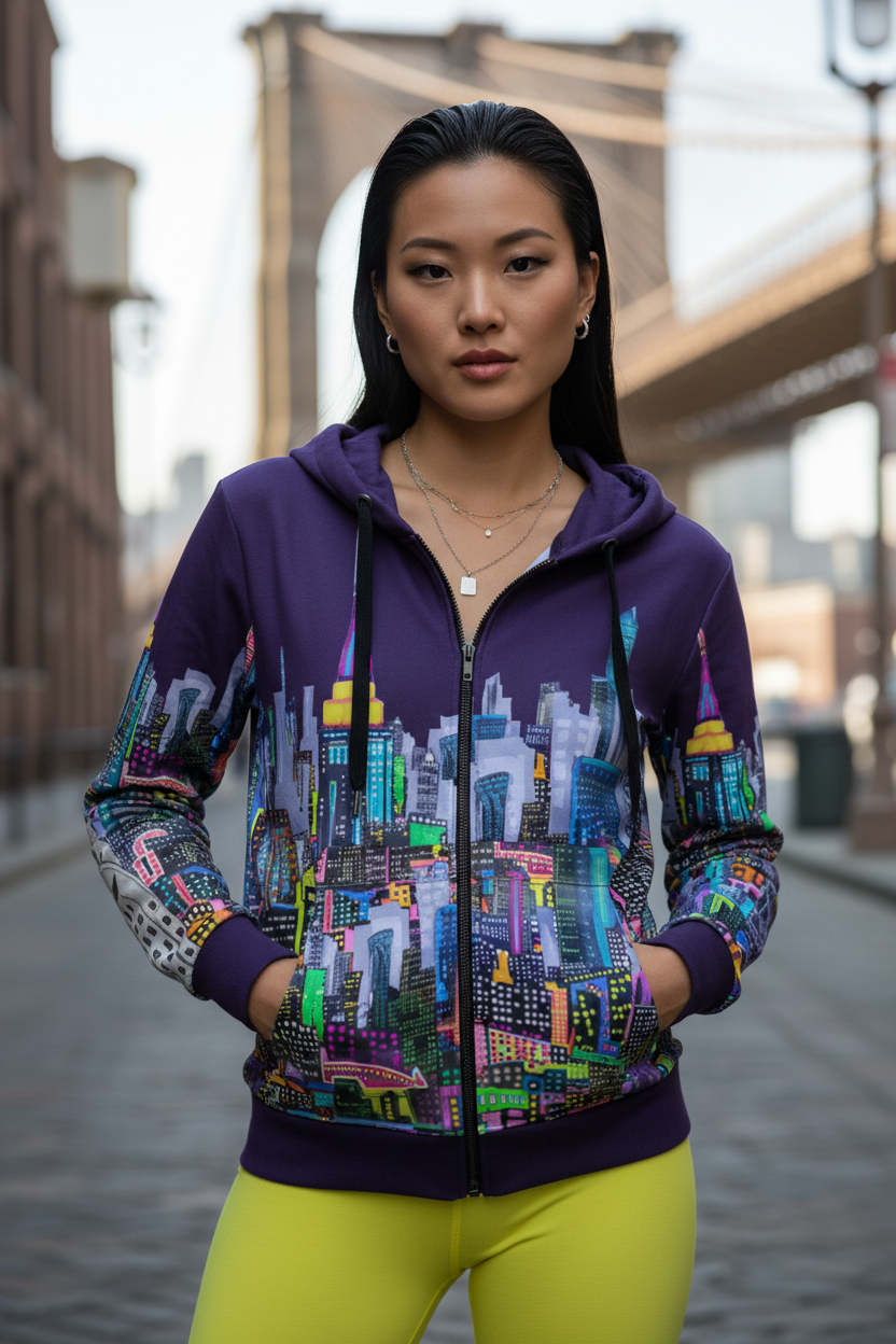 Woman wearing a colorful cityscape Loria NYC Art hoodie with a blurred bridge in the background