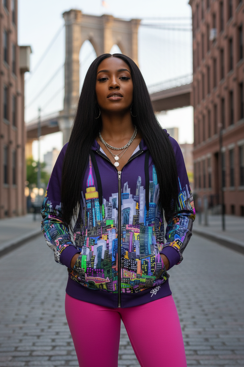 Woman wearing a colorful Loria NYC Art jacket with a cityscape design in an urban setting.