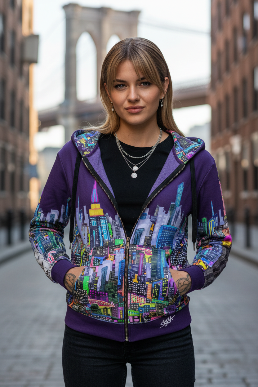Woman wearing a colorful Loria NYC Art hoodie with a cityscape design, standing in an urban setting.