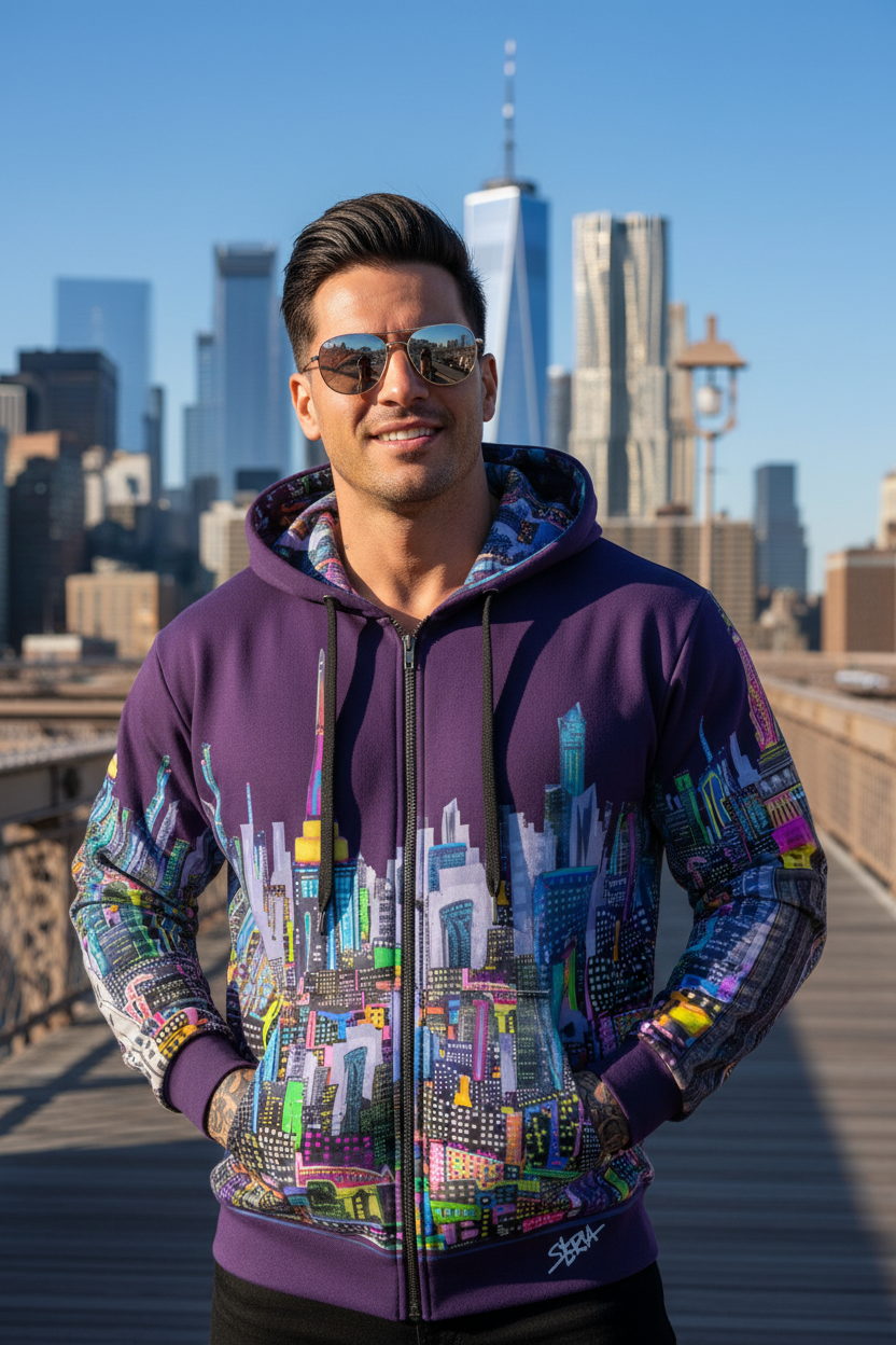 Man wearing a colorful hoodie with cityscape Loria NYC Art design in front of a city skyline