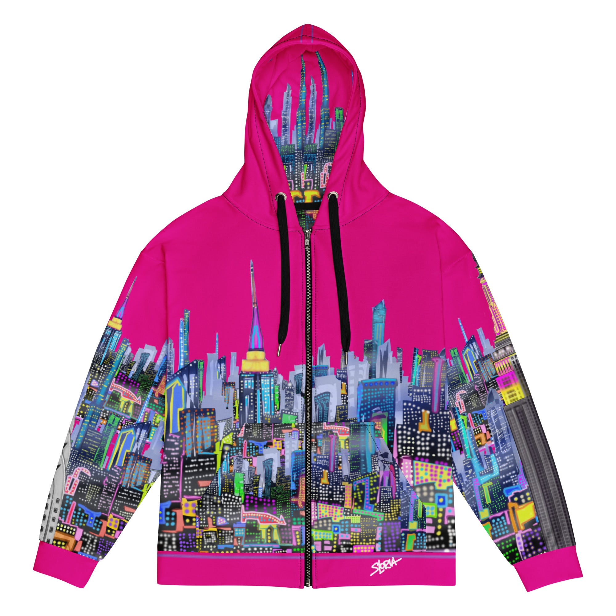 Front of Pink Fuchsia hoodie with cityscape Loria NYC Art design on a white background