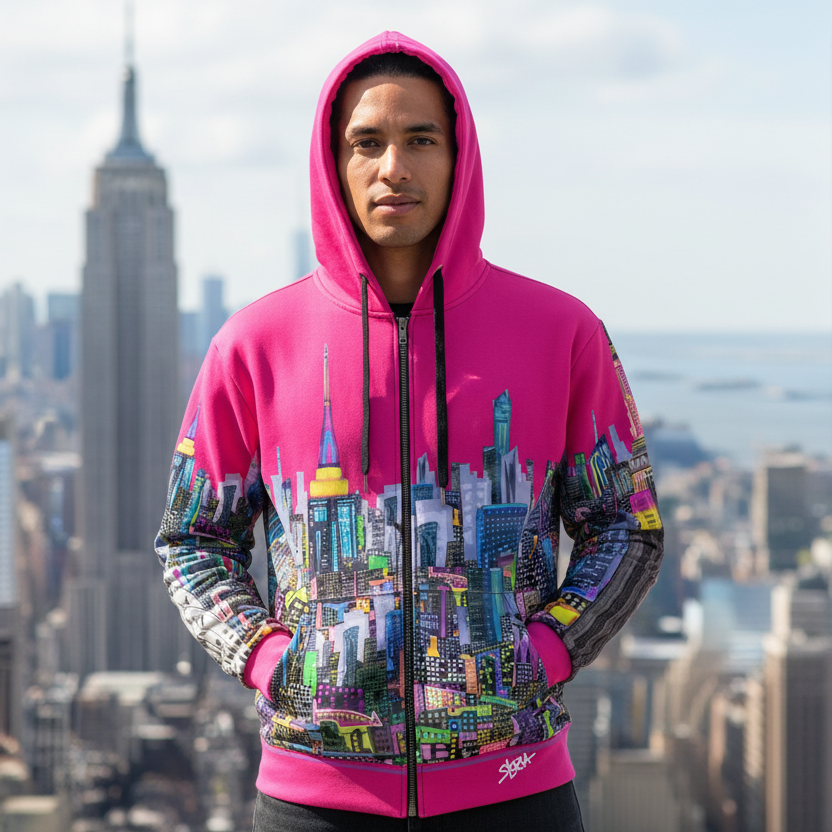Person wearing a fuchsia pink hoodie with a colorful Loria NYC Art cityscape design, standing in front of a city skyline.