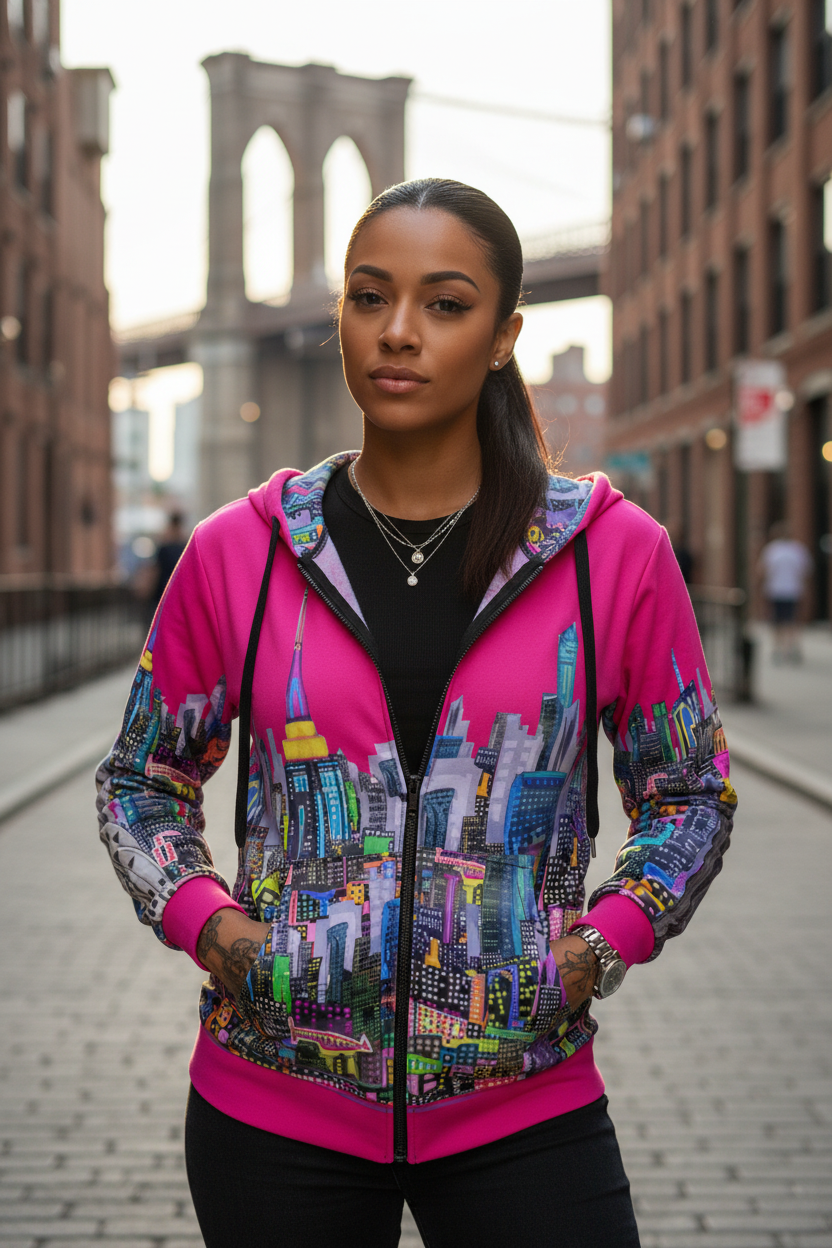 Woman wearing a colorful hoodie with a cityscape Loria NYC Art design in an urban setting.