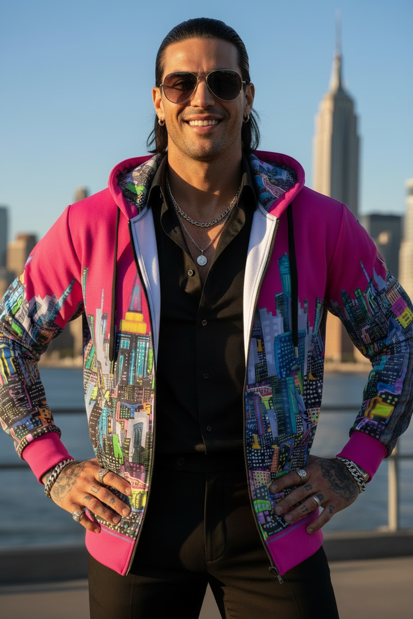 Person wearing a colorful jacket with cityscape Loria NYC Art design in front of a skyline