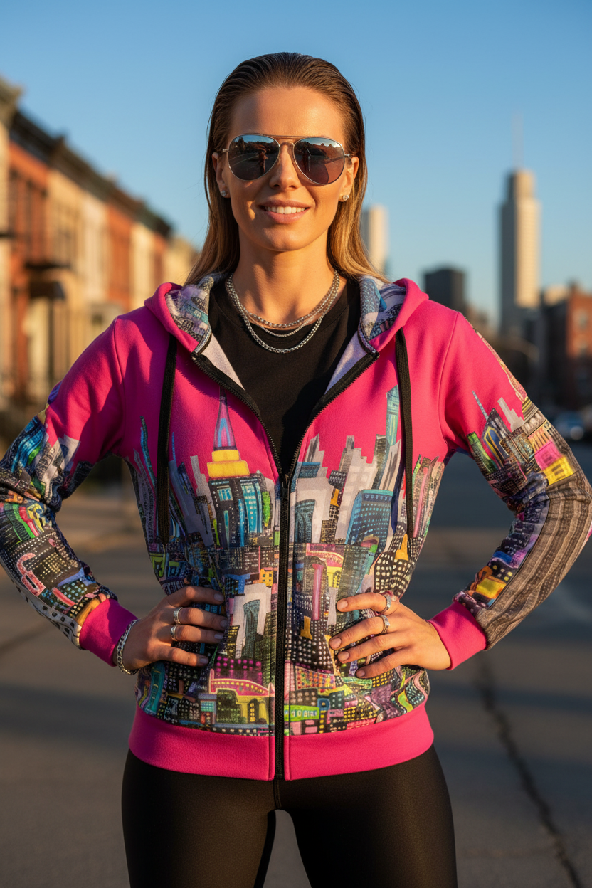 Woman wearing a colorful Loria NYC Art cityscape hoodie with a blurred urban background