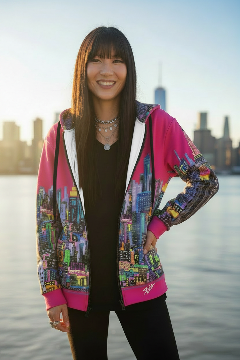 Person wearing a colorful hoodie and leggings with Loria NYC Art cityscape design, standing by a waterfront with city skyline in the background.