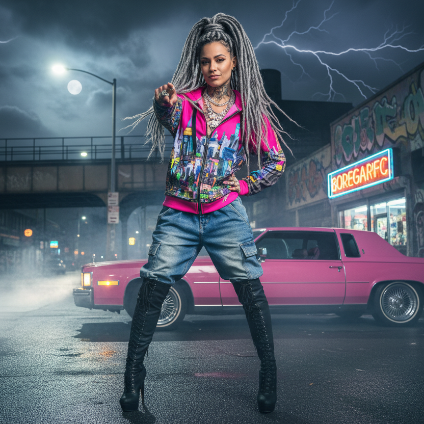 Person with styled hair wearing a stylish fuchsia Loria NYC Art hoodie standing in a city street with a pink car and neon signs in the background