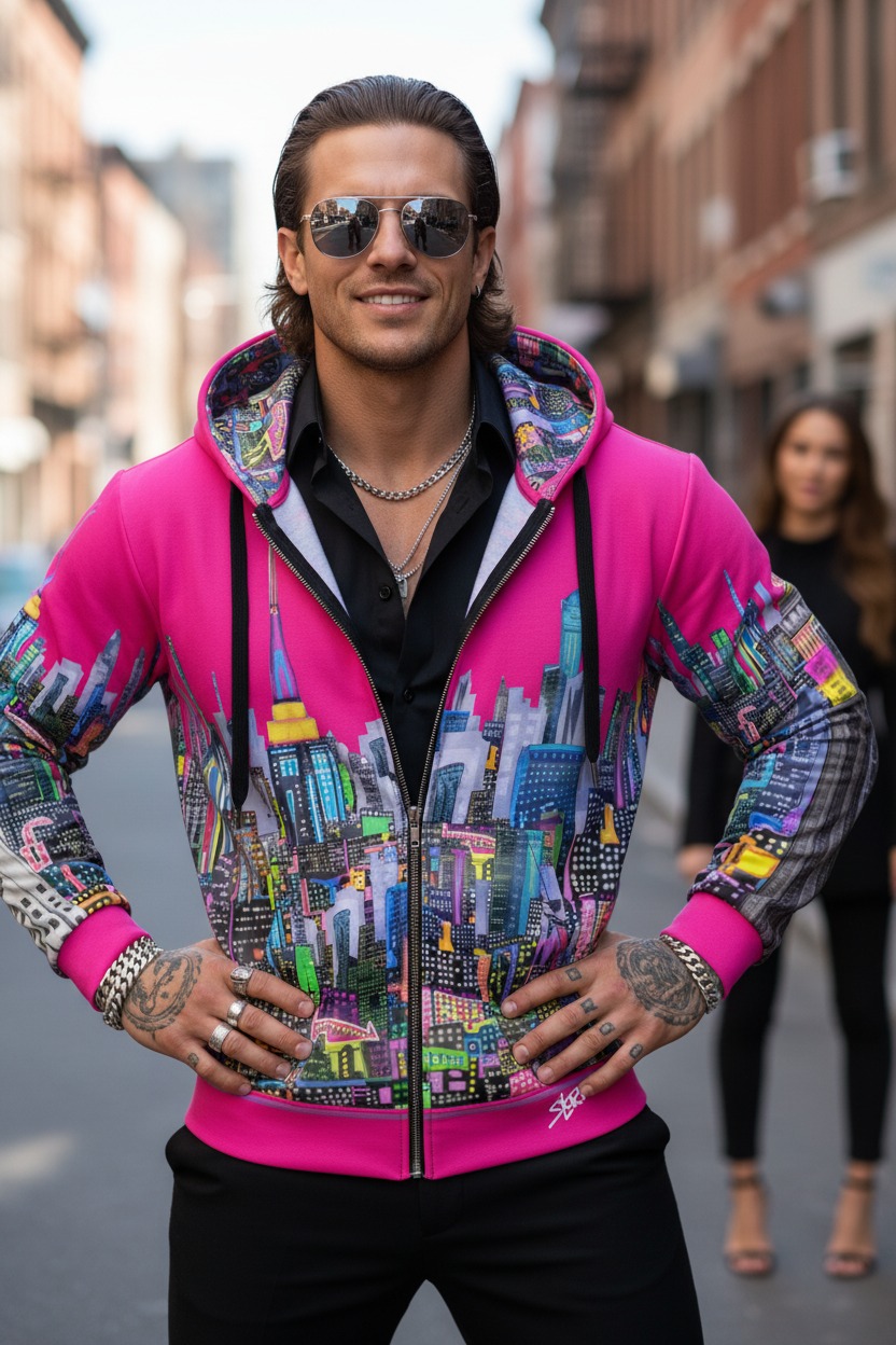 Man wearing a colorful hoodie with cityscape Loria NYC Art design on a street.